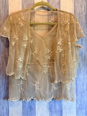 Vintage Y2K Sheer Mesh Lace Floral Top With Cover Up, Fairy, Boho,Festival Style